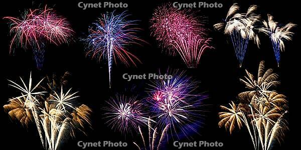 A collage or compilation of different Fireworks bursting, isolated on black background in high resolution [IBR125280356]