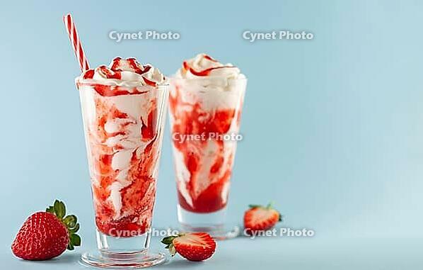 Strawberry milkshake with whipped cream and berry syrup in the tall glass on blue background [IBR125280362]