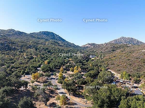 Aerial view of Campsites in the valley of Dos Picos County Park in Ramona, South California, USA [IBR125280367]