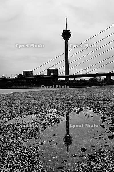 View of the Rhine with very low water, behind it the television tower, reflection, black and white, drought, lack of water, Düsseldorf, Germany [IBR125304602]