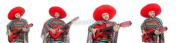 The funny Mexican guy with guitar against white background [IBR125304651]