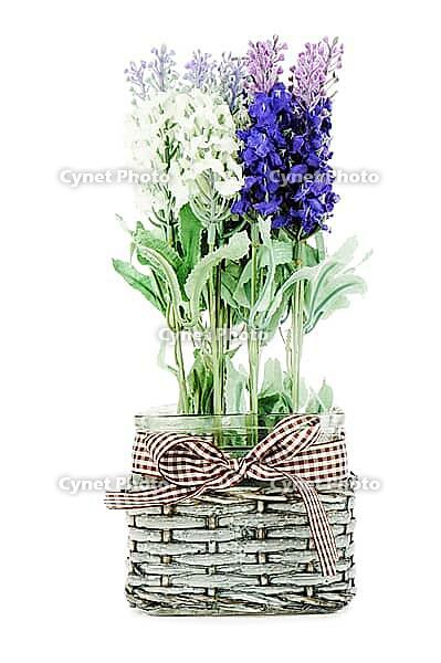 Composition of artificial garden flowers in decorative vase isolated on white background [IBR125304673]