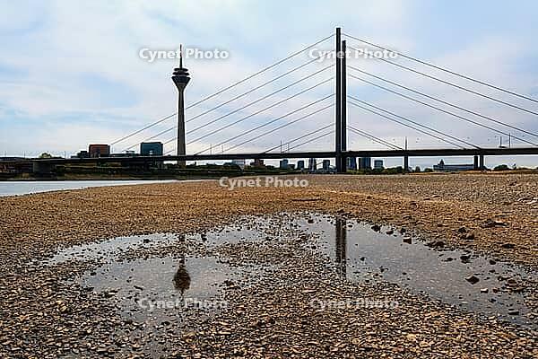 View of the Rhine with very low water, behind it the television tower, reflection, drought, lack of water, Düsseldorf, Germany [IBR125324092]