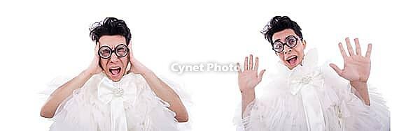 Funny man in a woman's dress against a white background [IBR125324110]