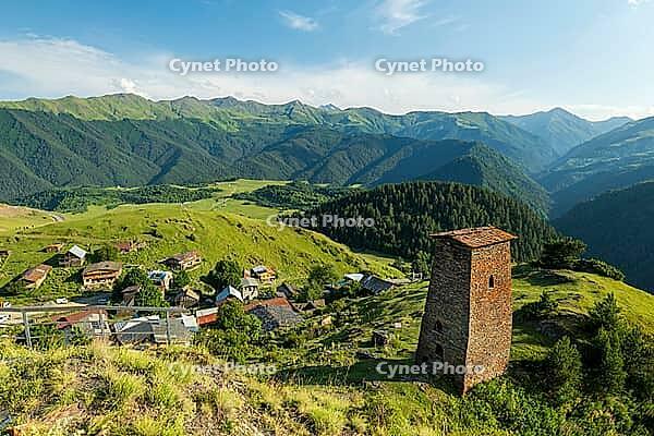 Omalo village landscape, Upper Omalo in Tusheti, Georgia, with Tush towers. Omalo is an ancient village located in a popular hiking area in Tusheti, Georgia [IBR125331140]