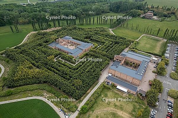 Drone shot of Maze of Masone the largest bamboo labyrinth in existence, it is entirely made of bamboo plants in Fontanellato Italy made by Franco Maria Ricci in Parma, Italy [IBR125331156]