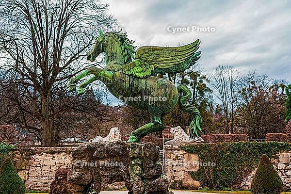 View of the Winged Horse statue in Mirabell Gardens in Salzburg, Austria [IBR125331182]