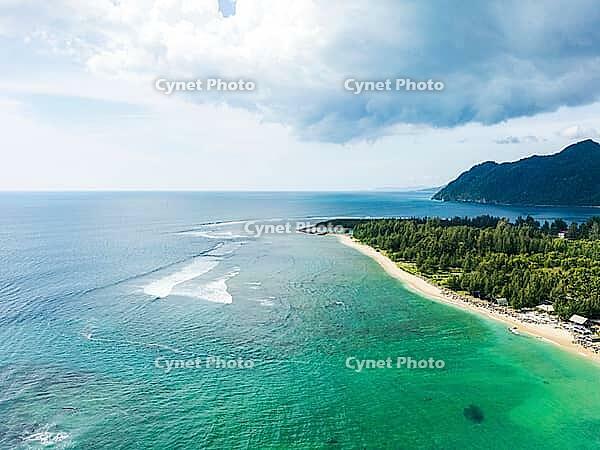 Lhoknga beach, coastline, sea aerial view in Aceh, Indonesia. popular for surfing waves and surfers [IBR125331184]