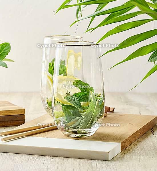 Preparing a refreshing drink. Two glasses filled with fresh lemon slices and mint leaves on a wooden board with a green plant background [IBR125331189]