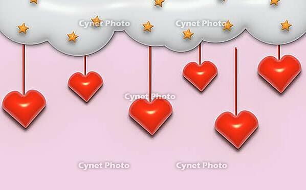 Abstract festive pink background with red hearts and white clouds. 3D rendering illustration. Happy Valentine's Day [IBR125331208]