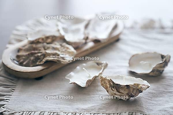 Close-up of candles. A master class of shell candles. Fabric-based seashells with wax. With space to copy. [IBR125344237]