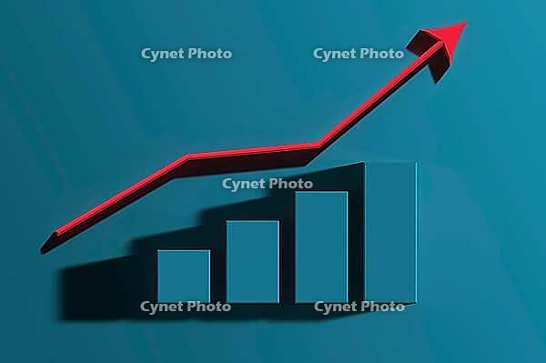 Red arrow and columns graph with growing indicators on a blue background, 3D rendering illustration [IBR125344252]