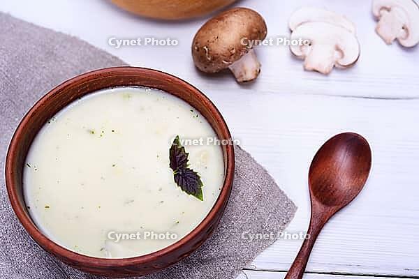 Mushroom soup with champignons, top view [IBR125344267]