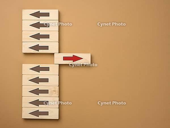 Wooden blocks with brown arrows in one direction and one block with a red arrow in the opposite direction. Concept of difference, uniqueness of thinking, not like everyone else [IBR125344276]