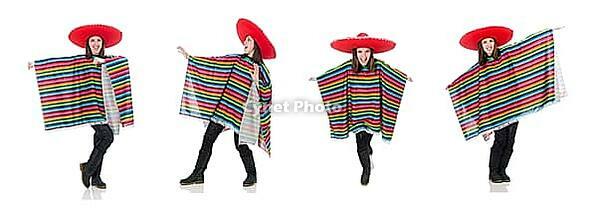 The pretty Mexican girl in a lively pocho against a white background [IBR125344324]