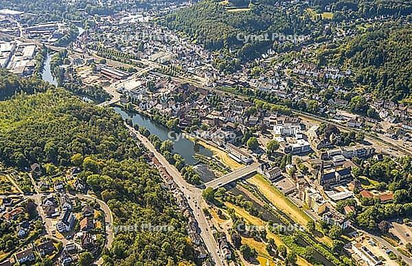 Aerial view, town view with river Lippe, town hall and Stennertbrücke, canoe wildlife water park Hohenlimburg water sports complex, Hohenlimburg, Hagen, Ruhr area, North Rhine-Westphalia, Germany, authority, DE, Europe, aerial photography, aerial photogra [IBR113372472]
