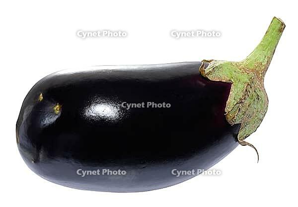 An eggplant with a dark purple, glossy surface. The vegetable has a smooth, elongated shape, isolated on a background [IBR125363543]