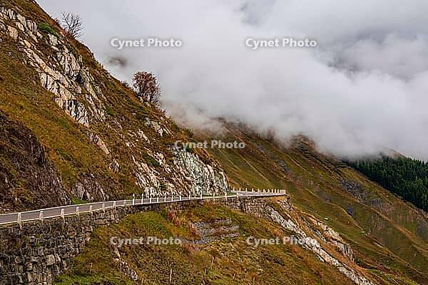 Panoramic view of the Furka Pass, the mountain road in the Swiss Alps [IBR125382562]