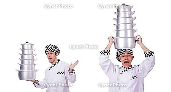 Cook with a pile of pots on a white background [IBR125382564]