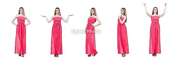 The woman in attractive dress on white [IBR125382583]
