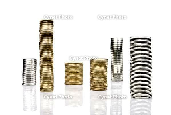 Stacks of coins isolated on white [IBR125382620]