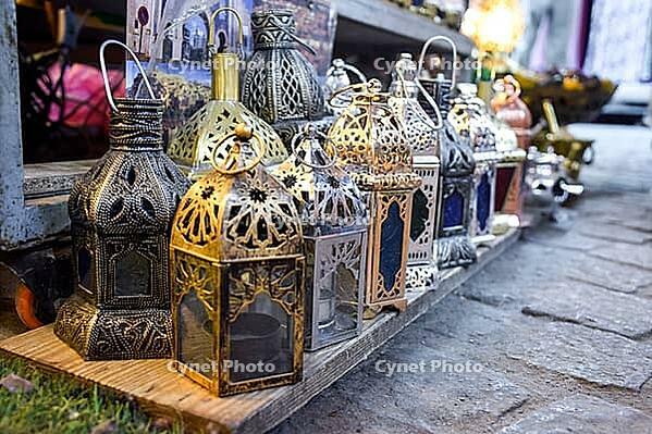 Different Arabic style lamps displayed at Marrakech zouk. Morocco [IBR125382625]