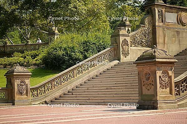 Wide stone staircase surrounded by greenery, curved steps lead to the terrace, richly decorated New York [IBR125382635]