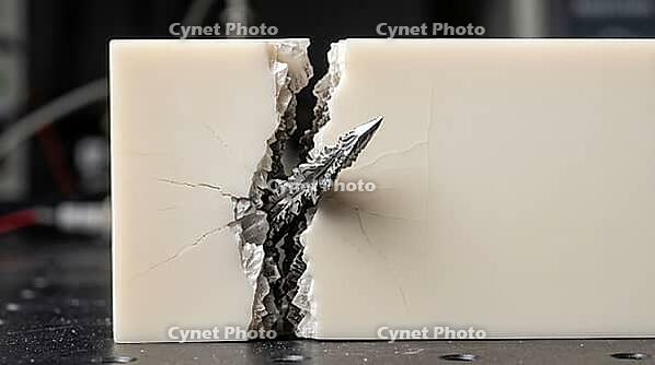 Ceramic solid electrolyte slab, pale ivory surface splitting along a fresh crack with a metallic lithium dendrite pushing through the fracture like a blade through ice. Macro image of real time material failure in battery research with copy space, AI gene [IBR125395913]