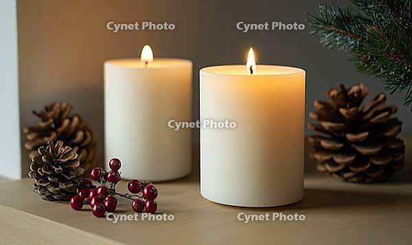 Two white pillar candles on a light wood shelf, surrounded by pinecones and a few red berries. AI generated [IBR125395914]