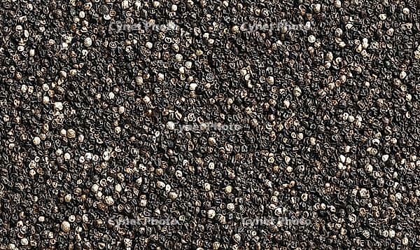 Front-facing texture of ground black pepper evenly covering surface, irregular grain sizes. AI generated [IBR125395922]