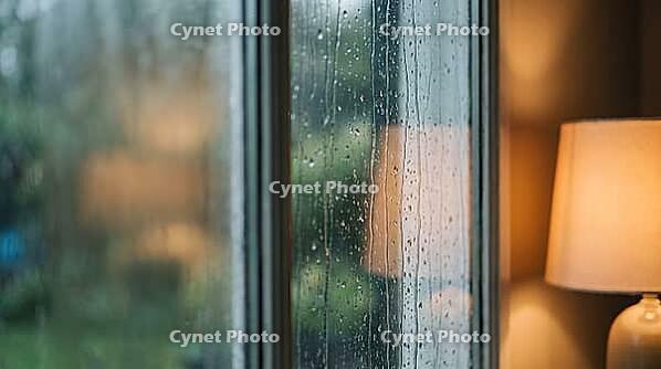 Rain Drops on Window Glass with Warm Lamp Glow and Blurred Spring Garden, Cozy Rainy Evening Background with Copy Space, AI generated [IBR125395930]