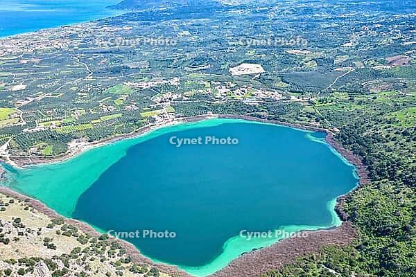 Aerial landscape of Lake Kournas on the island of Crete. [IBR125405040]