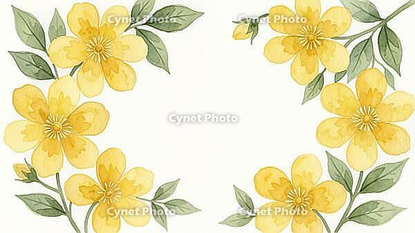 Delicate yellow flowers and green leaves in a minimalistic arrangement, floral painting, AI generated [IBR125407384]