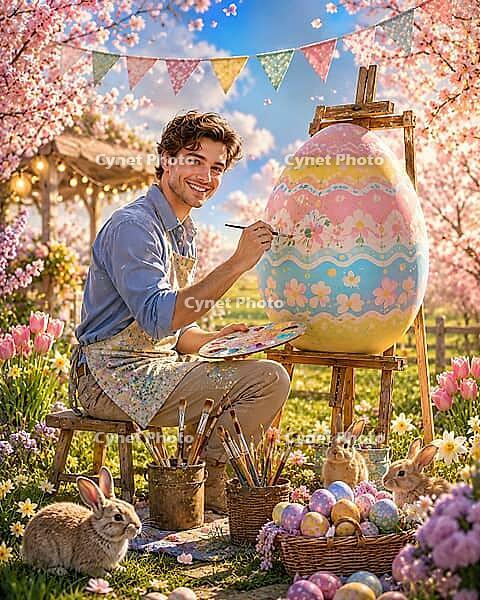 Man paints large Easter egg in a flowery garden, surrounded by cheerful bunnies and pastel-colored eggs, symbol of relaxation and leisure in spring, AI generates, AI generated [IBR125407388]