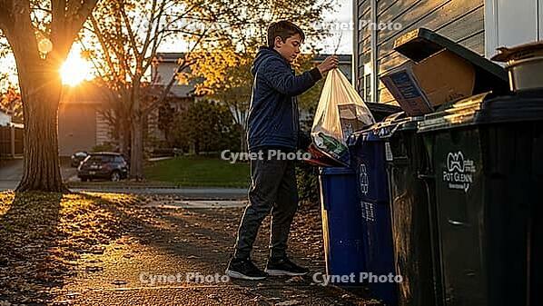 Young boy recycling at bins during sunset in an autumn neighborhood setting. Recycling, AI generated [IBR125407389]