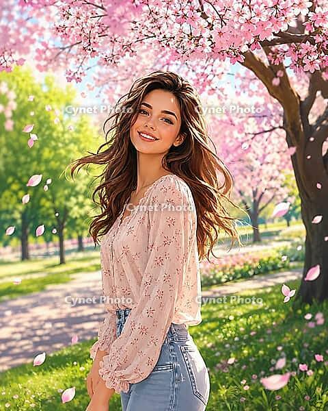 Woman in spring landscape with blooming cherry trees, smiling happily, in elegant spring outfit, symbolic picture relaxation and leisure in spring, AI generates, AI generated [IBR125407390]