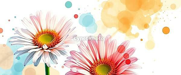 Two daisies against an abstract colorful background with dots, painting floral motif, AI generated [IBR125407392]