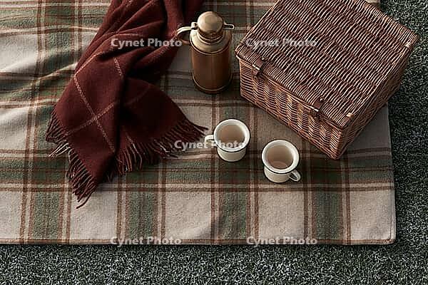 Flat lay of a tartan picnic blanket with a copper thermos wicker basket and enamel mugs on frosted grass. AI generated [IBR125407393]