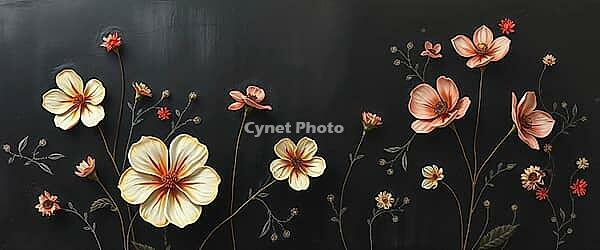 Delicate pastel-colored flowers on a deep black background, painting floral motif, AI generated [IBR125407396]