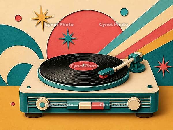 Retro turntable in paper art style in turquoise and red, represents nostalgic music atmosphere, papercut vintage motif, AI generated [IBR125407399]