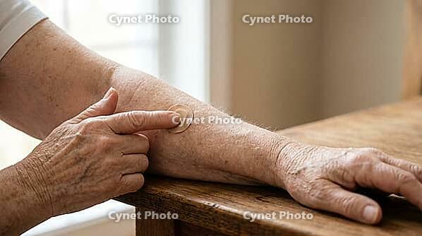 Close-up of an older adult's wrinkled hand pressing a round adhesive bandage onto the opposite forearm after vaccination, on a plain wooden table, soft natural daylight, no face visible, AI generated [IBR125407400]