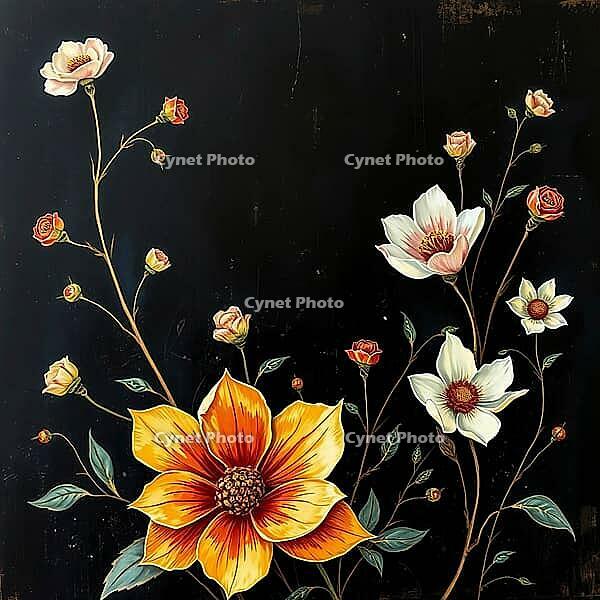 Bright flowers in orange and white shine on a black background, painting floral motif, AI generated [IBR125407403]