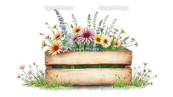 Various garden flowers in a rustic wooden box, bright and colorful, painting floral motif, AI generated [IBR125407404]