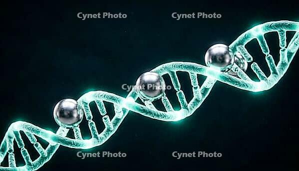 Abstract row of silver nanoparticles along glowing teal DNA double helix strand, dark background, studio shot, AI generated [IBR125407406]