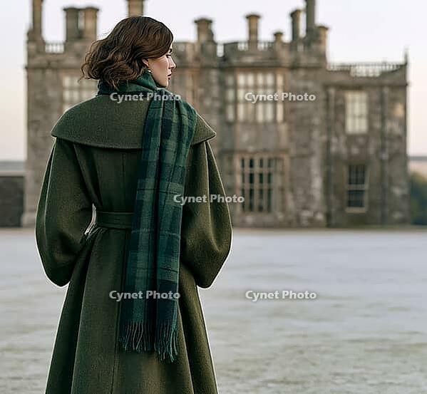 Back view of a woman in a forest green wool coat with a plaid scarf standing before a grand historic stone Scottish estate castle. AI generated [IBR125407407]
