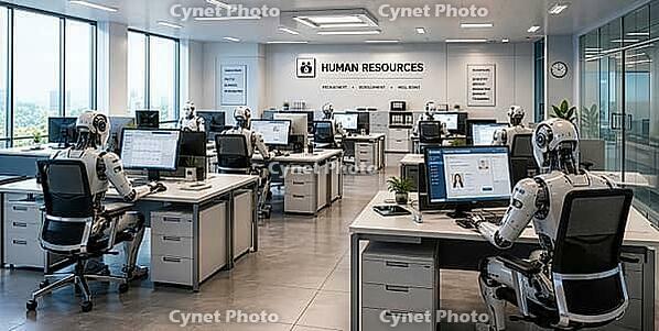 A modern office filled with robots working at desks in the human resources department, AI generated [IBR125407412]