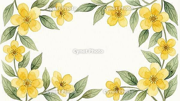 Yellow flowers and leaves in symmetrical watercolor style around the edge, painting floral motif, AI generated [IBR125407415]