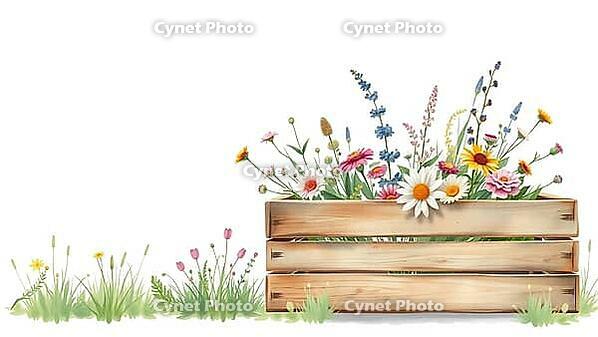 A wooden box with blooming wildflowers, surrounded by grass, looks lively and rural, painting floral motif, AI generates, AI generated [IBR125407417]