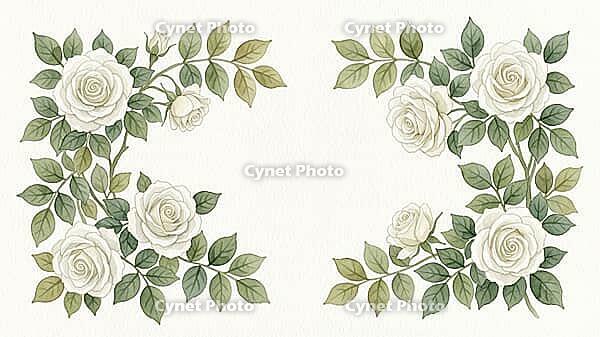 White roses and green leaves in a delicate, elegant frame style, painting floral motif, AI generated [IBR125407419]