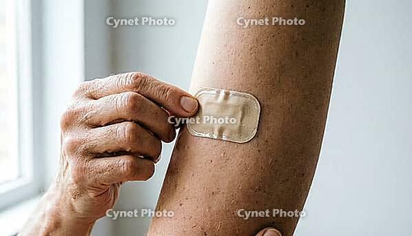 Adult hands applying a small plain beige nicotine patch to the opposite upper arm, fingers smoothing the edge, soft natural daylight, no face visible, smoking cessation health concept, AI generated [IBR125407426]